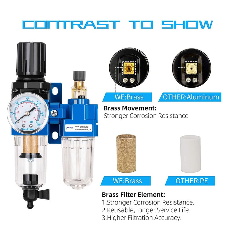 NANPU 1/4" NPT Compressed Air Filter Regulator Lubricator Combo, Water/Oil Trap Separator - Gauge(0-150 psi), Poly Bowl, Manual Drain, Bracket - AC2010-02M - Image 5